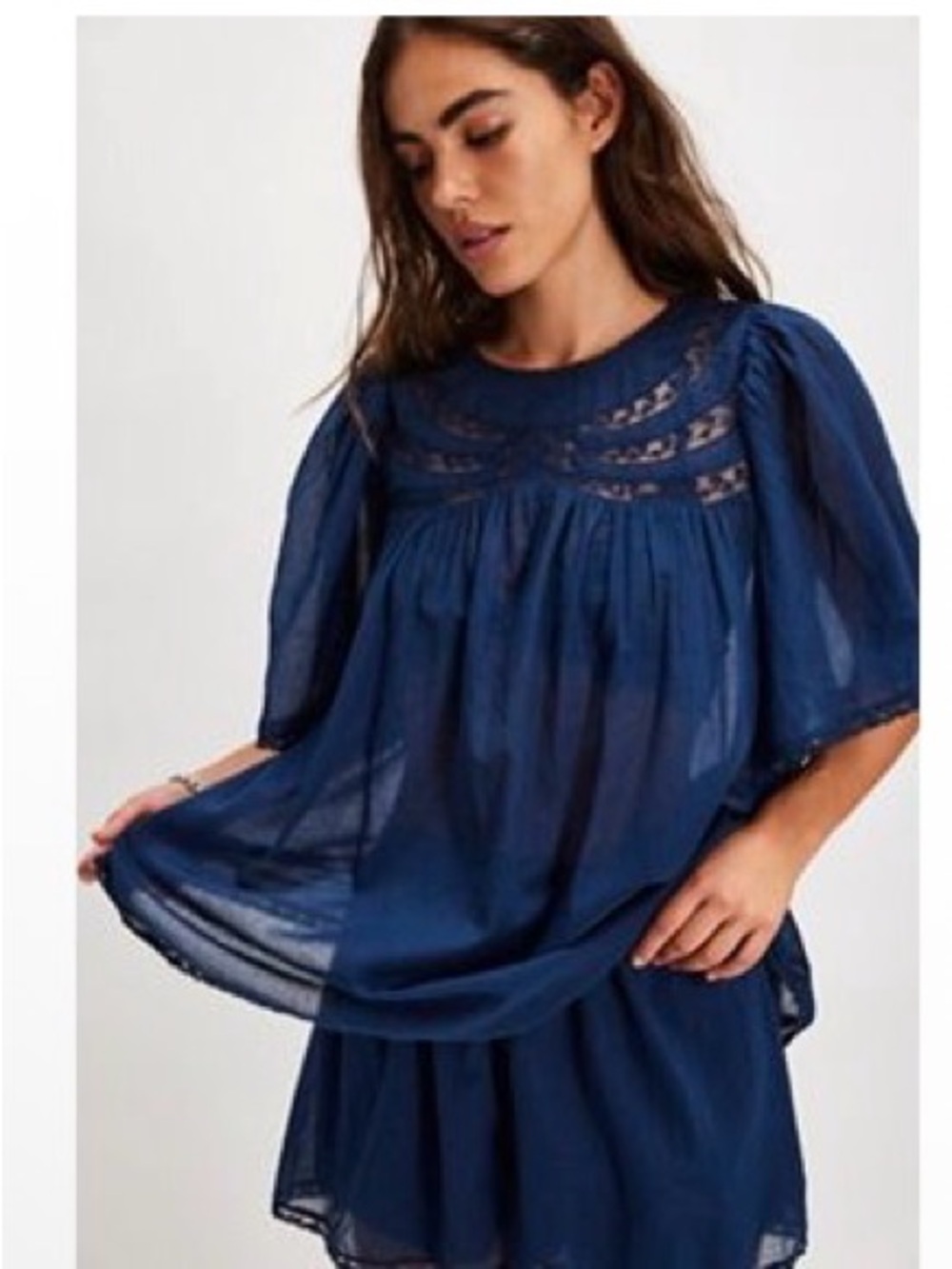 Navy Lace Yoke Women’s Blouse